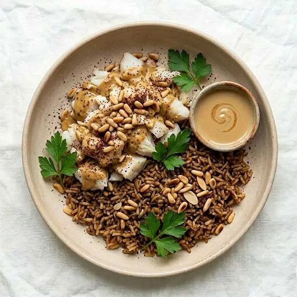 Lebanese sayadieh fish with browned onion rice & tahini sauce